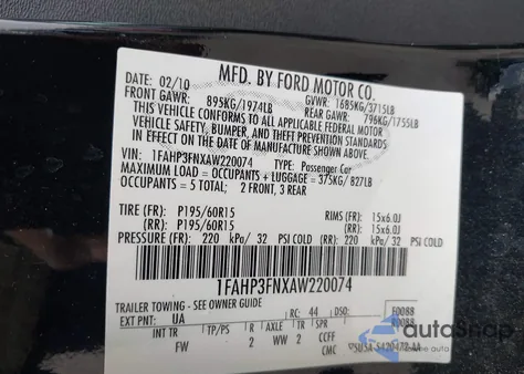 2010 Ford Focus Se from USA, damaged, VIN 1FAHP3FNXAW220074